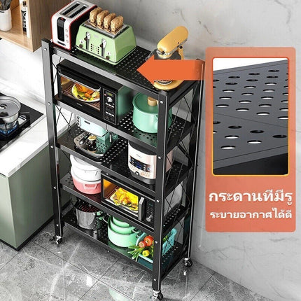 🔥พร้อมส่ง🔥ชั้นวางของ พับได้ ชั้นเหล็กวางของ 5ชั้น มีล้อหมุนรอบตัว พับเก็บได้ ไม่ต้องประกอบ สินค้าในไทย