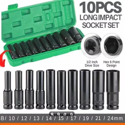 🔥พร้อมส่ง🔥10 ตัว/ชุด ชุดประแจไฟฟ้า Hex Shank ชุดลูกบล็อกยาว ชุดบล็อก ชุดประแจไฟฟ้า 1/2'' 4หุน