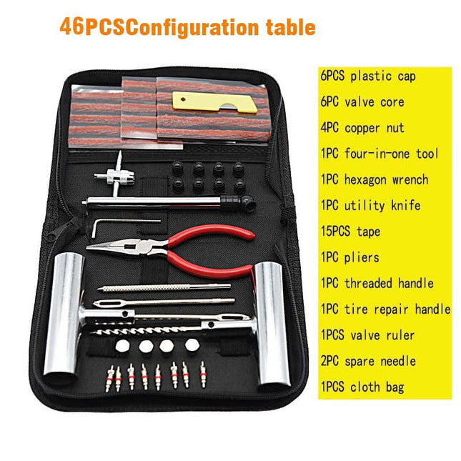 (ร้านในไทย) ชุดอุปกรณ์ปะยางรถยนต์ Tire Repair Kit ชุดปะยางมอไซค์ ชุดปะยางจักรยานพกพา มอไซค์ฉุกเฉิน กระเป๋า 46ชิ้น
