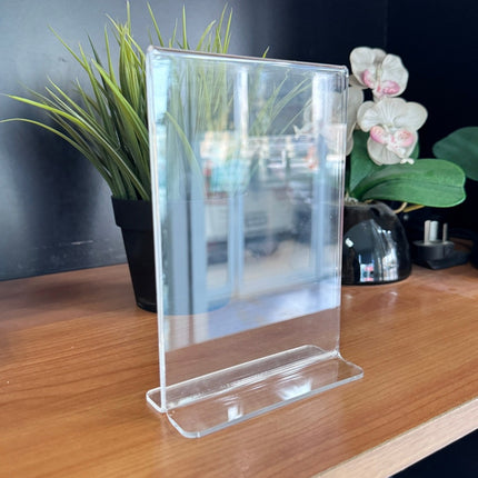 [พร้อมส่ง] ป้ายอะคริลิค ตั้งโต๊ะ PVC Table Plate T-Shaped แบบสอดกระดาษ กรอบใส ใส่เมนู โฆษณา A4 A5 A6 แนวตั้ง ราคา/ชิ้น